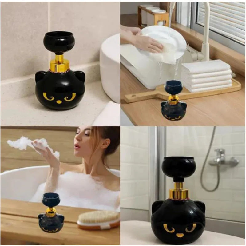 Black plastic cartoon cat shaped foam soap dispenser with manual pump