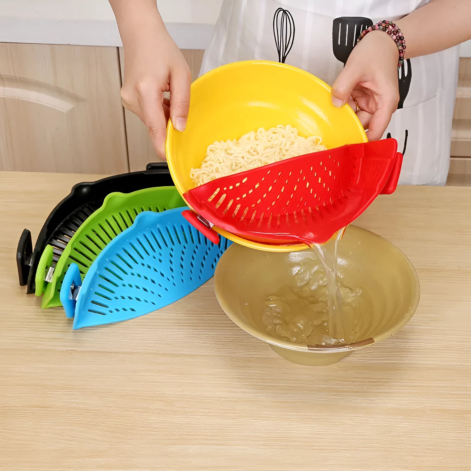 Silicone clip-on kitchen funnel strainer with stainless steel inner frame in blue colour.