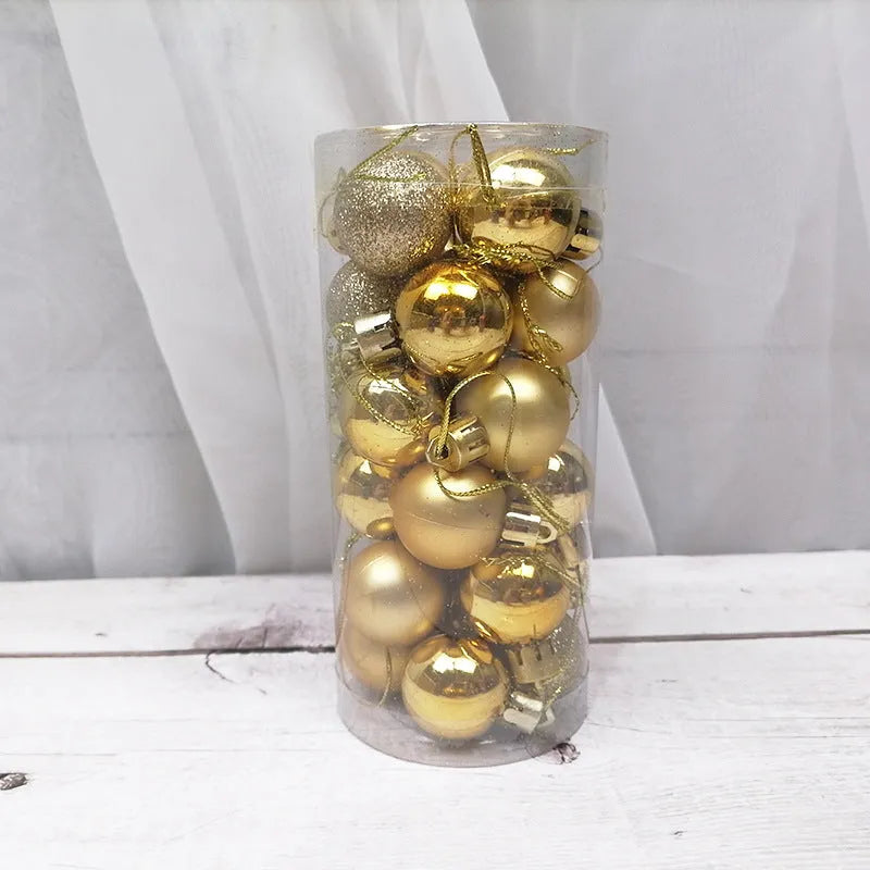 Assorted gold, red, silver and blue 3cm diameter shiny matte Christmas baubles displayed together.