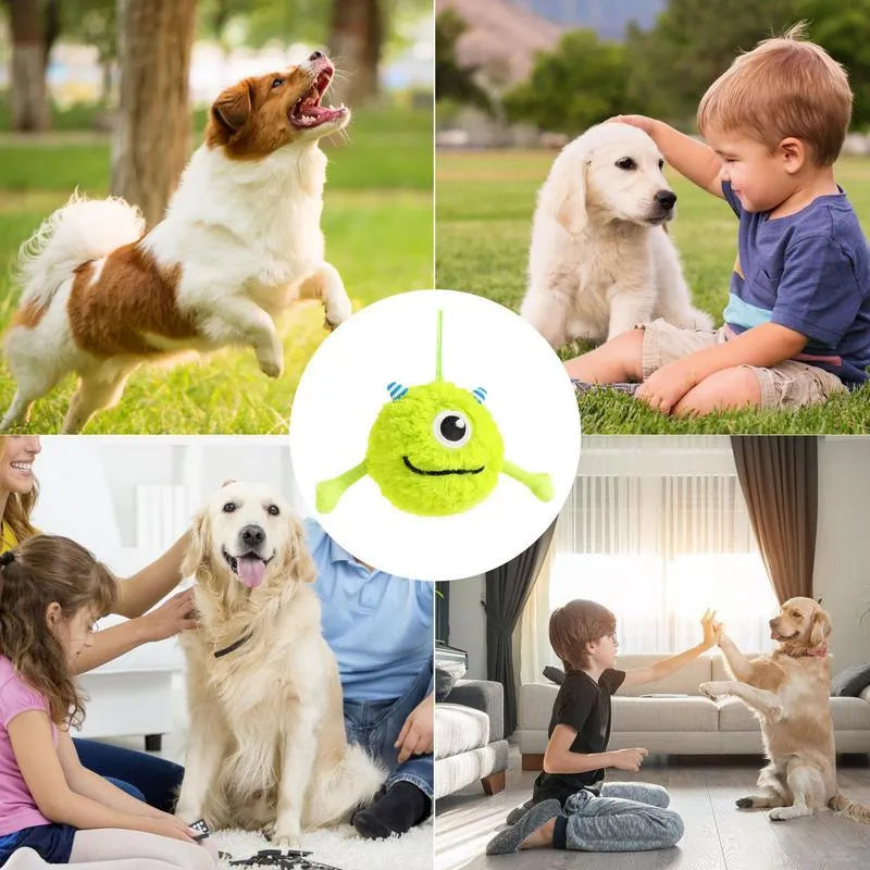 Green interactive dog toy ball with plush exterior and sound activation feature