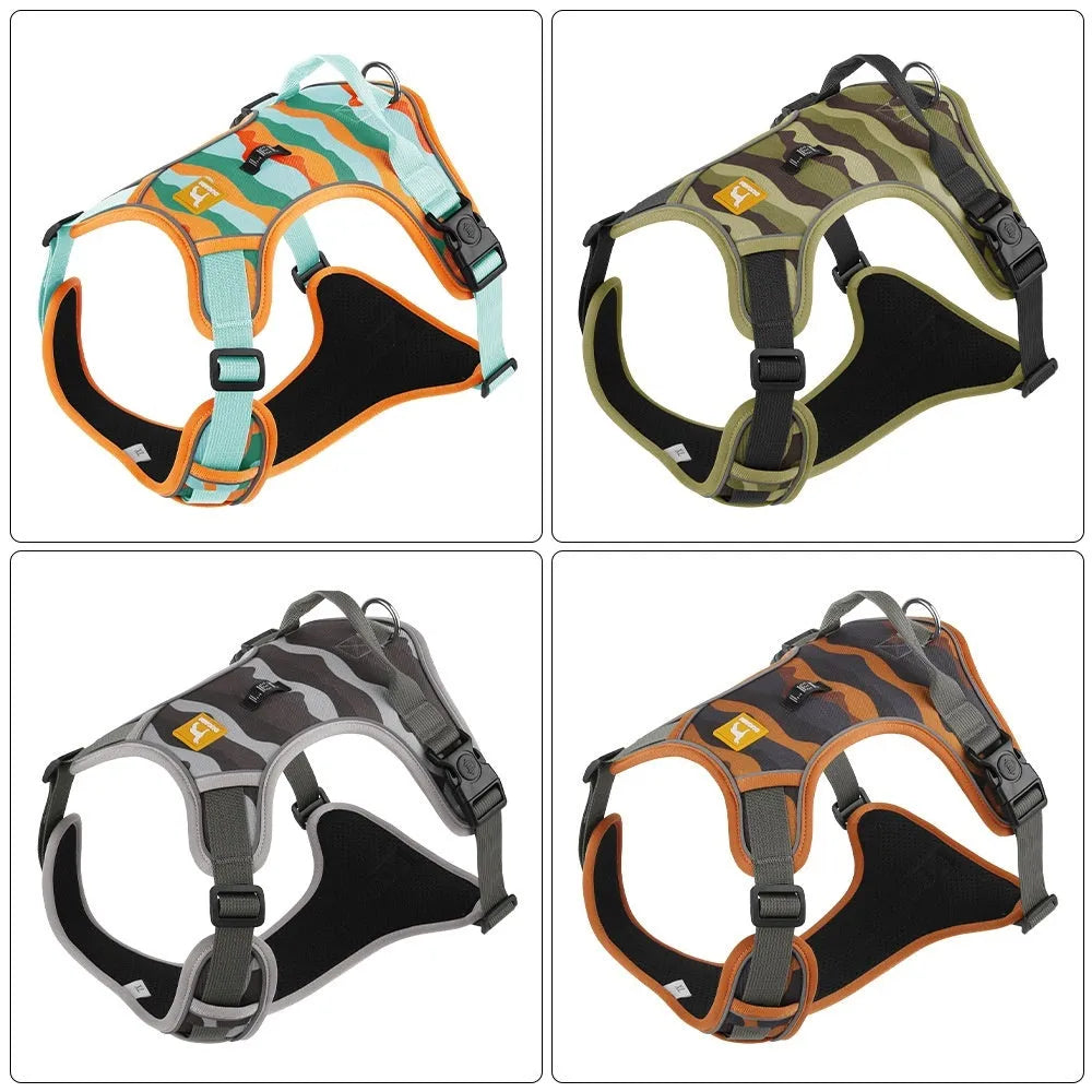 Reflective orange dog chest and back harness lead with hand-holding rope on Oxford cloth material.