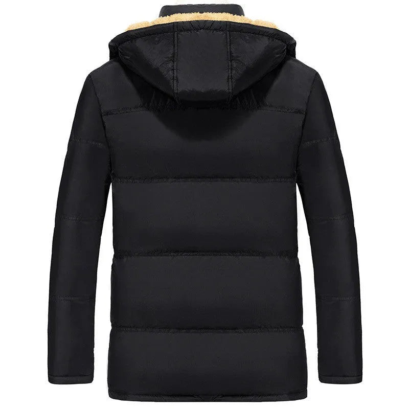 Men's black velvet padded hooded winter jacket with double-breasted placket in loose fit