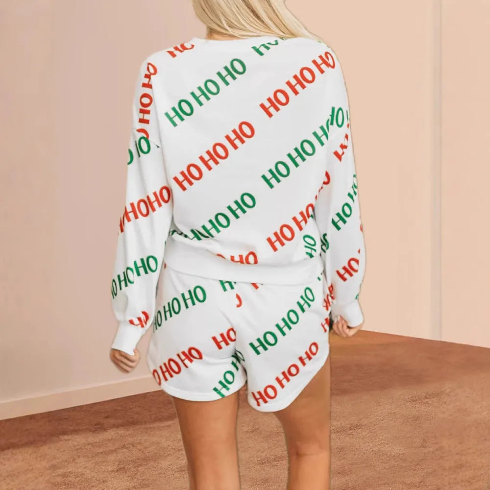 Women's white two-piece street fashion suit with printed letters design and fifth-length trousers