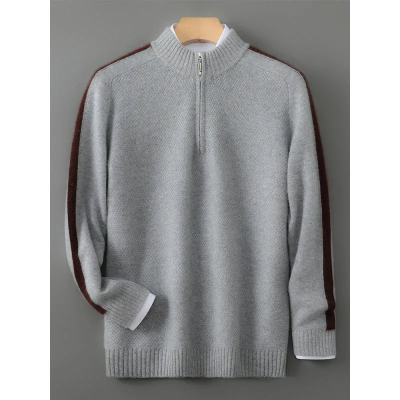 Sheep wool half-height zip round neck slim fit sweater in raw velvet camel colour