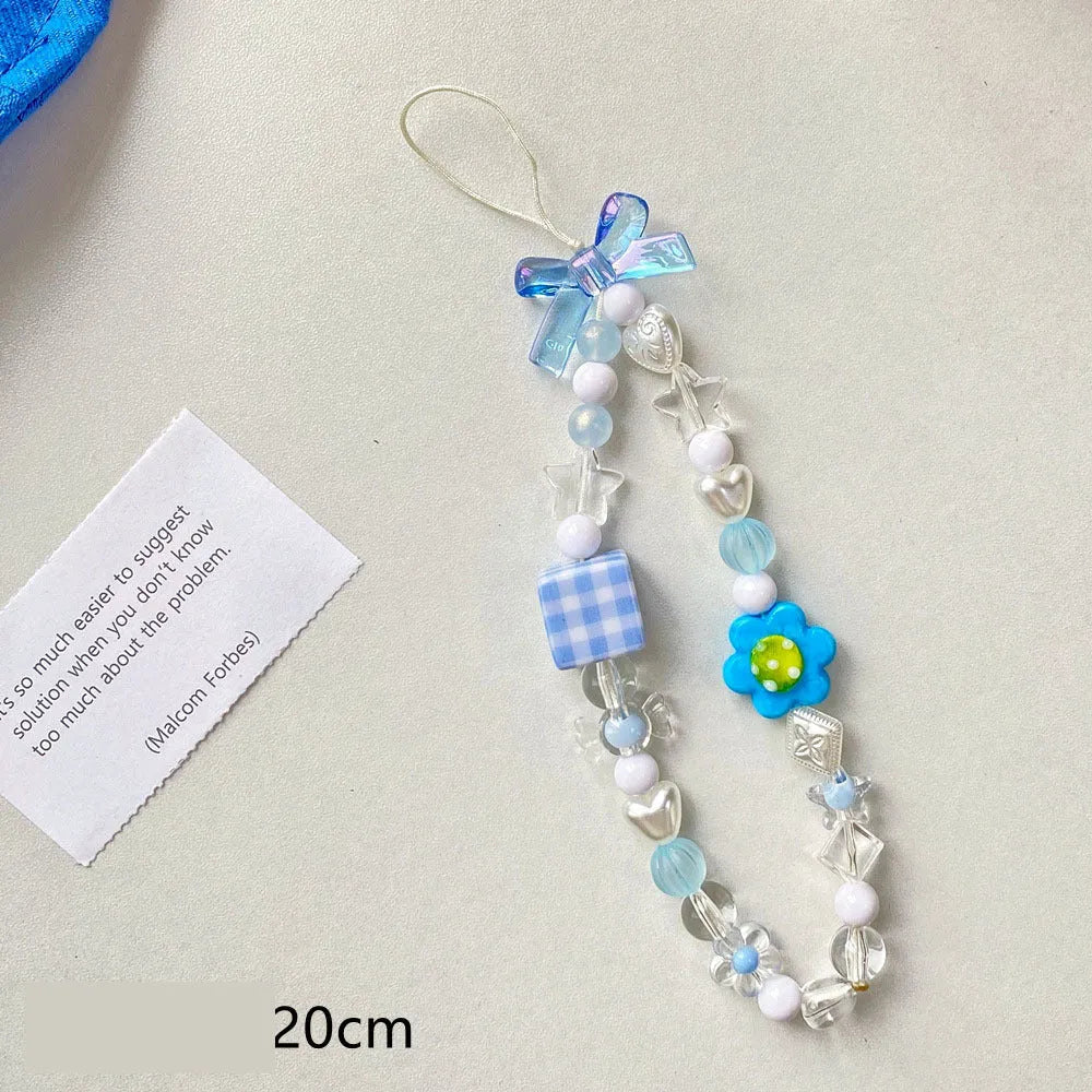 Flower bead mobile phone lanyard with hand rope in yellow, blue, and pink colour options