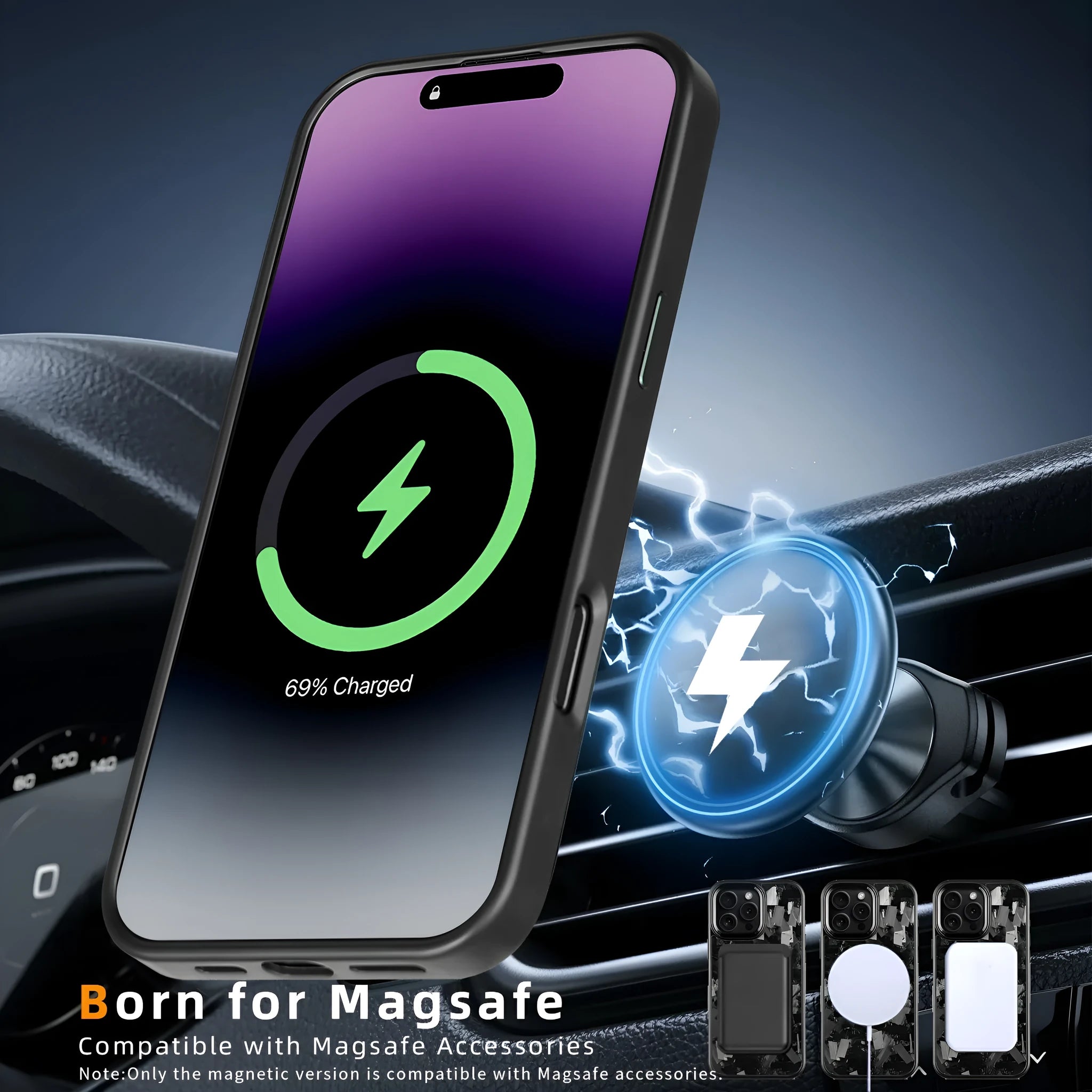 Black frame blue gold metal and carbon fibre magnetic protective case for iPhone 17 models on a table.