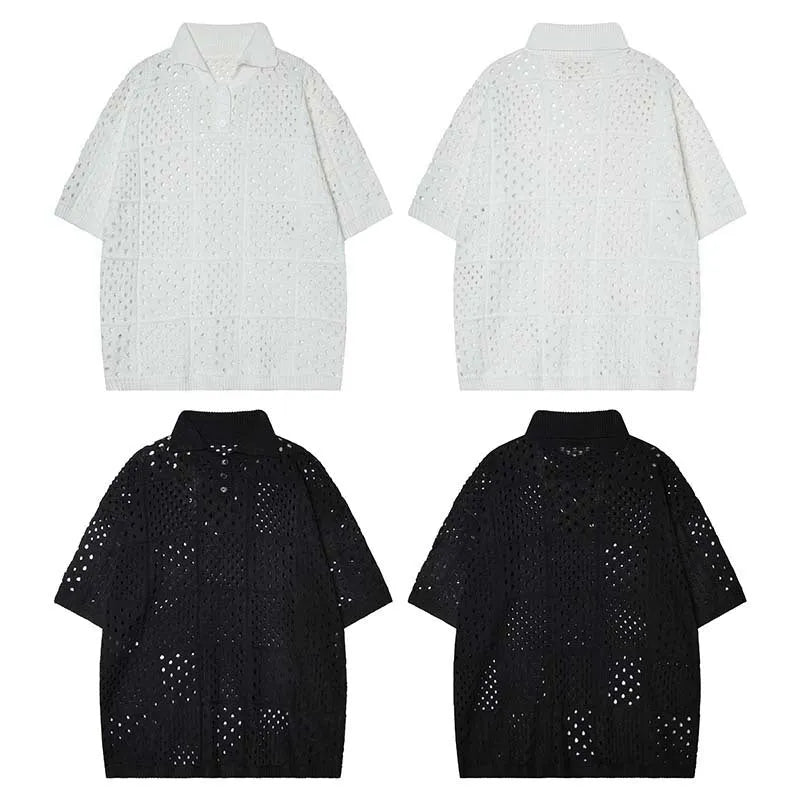 Black and white loose-fit cardigan-style short-sleeved polo shirt for teenagers on a hanger.