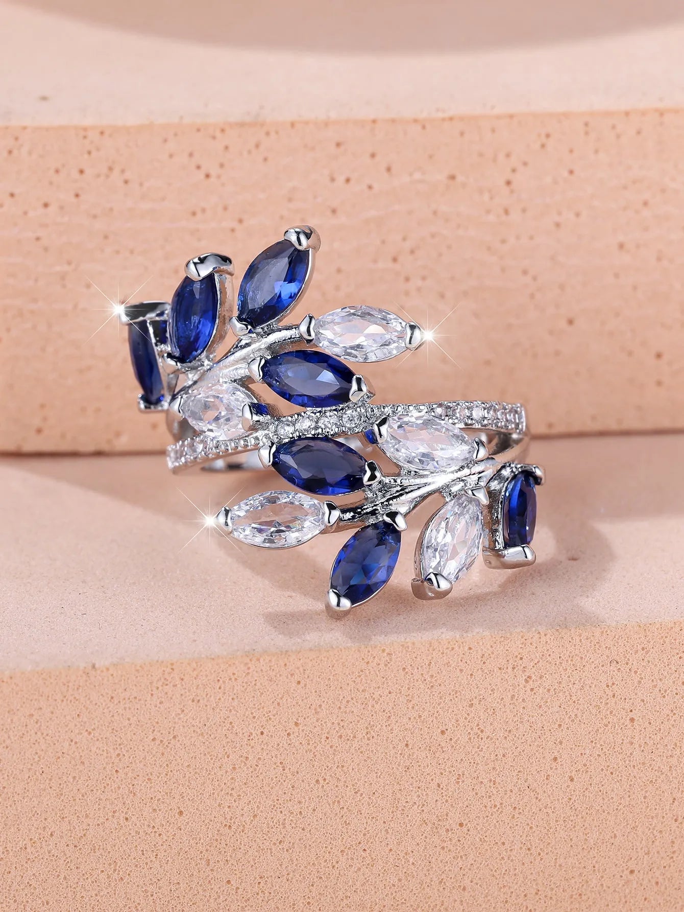Adjustable copper leaf ring with zircon accents in multiple colour finishes including platinum white and rose gold