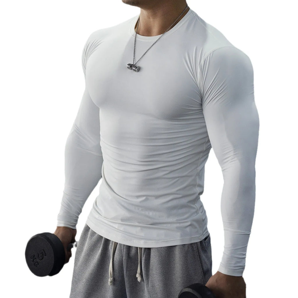 Men's black long sleeve fitness compression tights for running and gym workouts