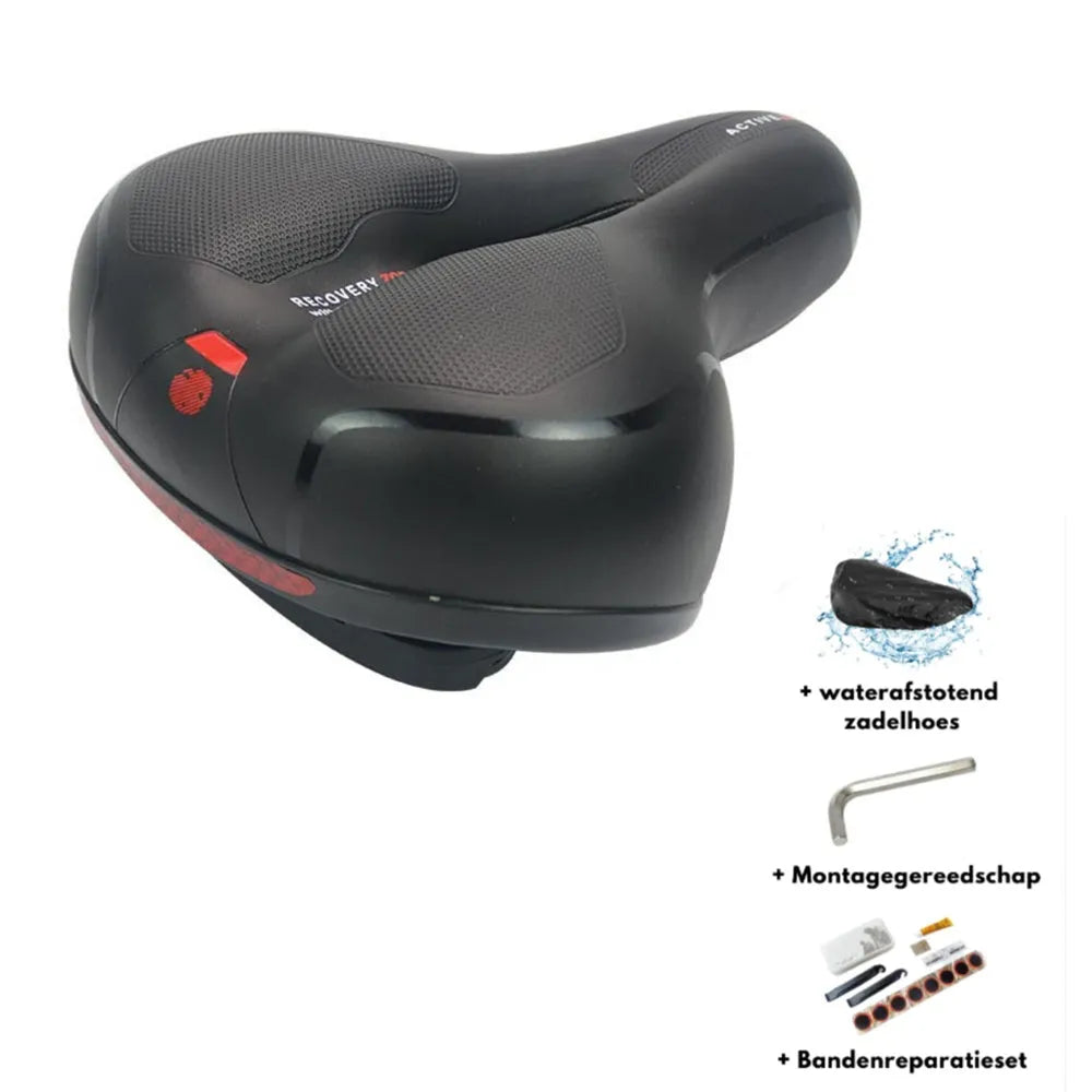 Bicycle saddle with black PU leather, showing spring suspension underside and included wrench and tyre patch.