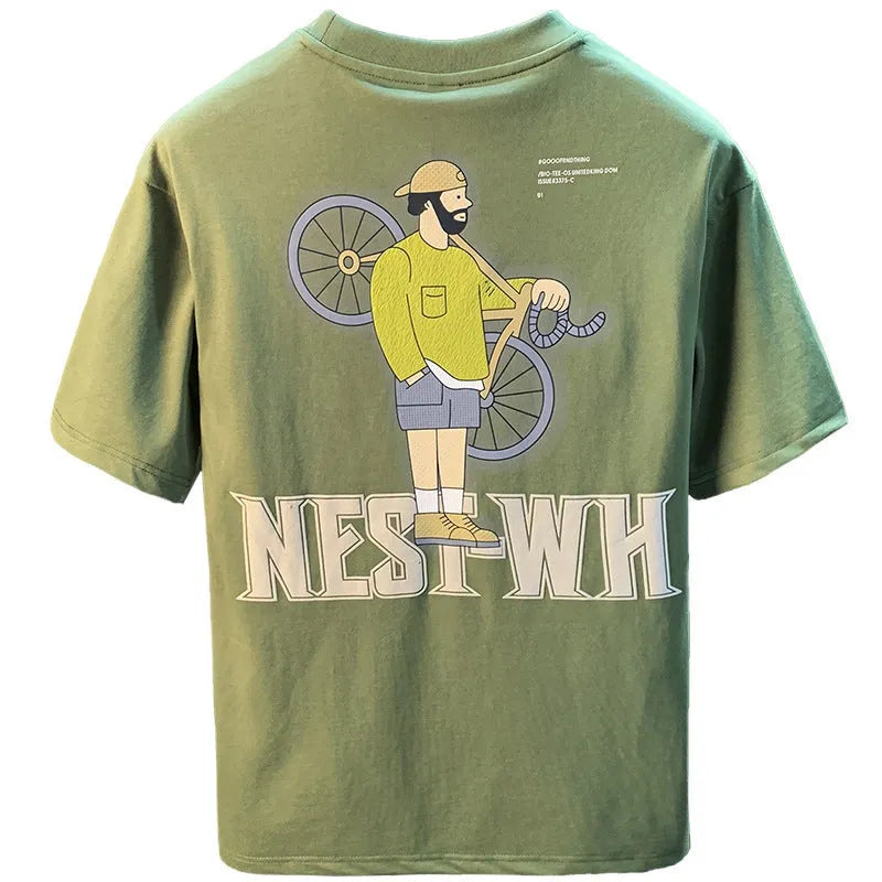 Green men's T-shirt with literary youth printed design showing loose fit short sleeves