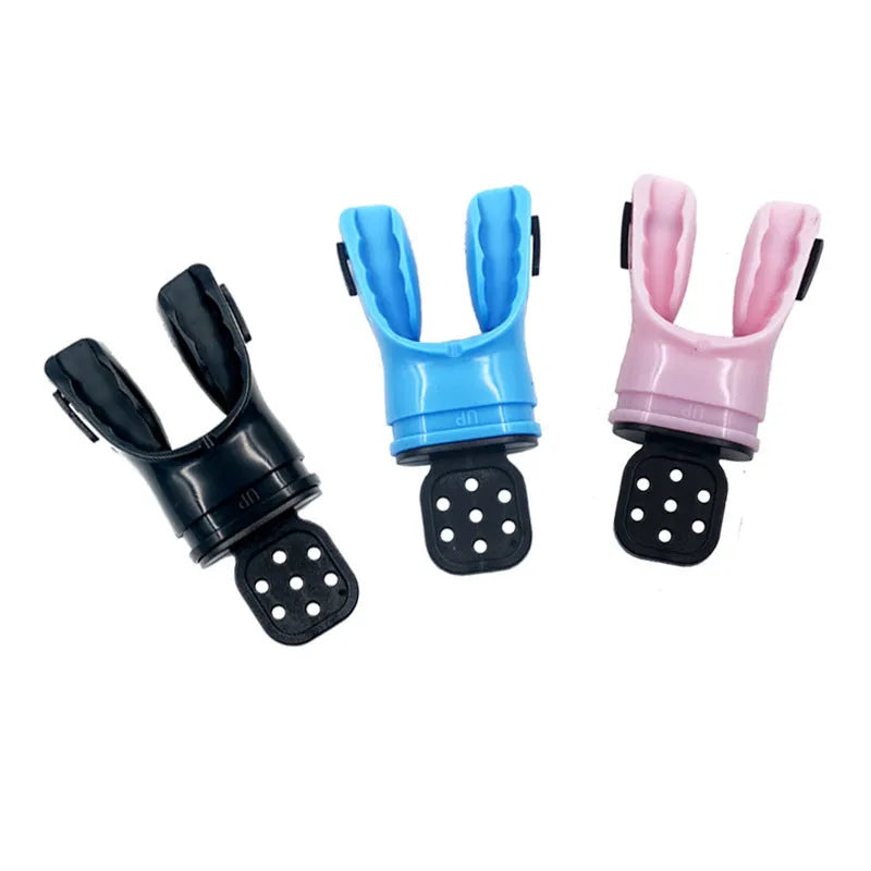 Edible silicone plastic-free diving mouthpiece with removable bite block in assorted colours.