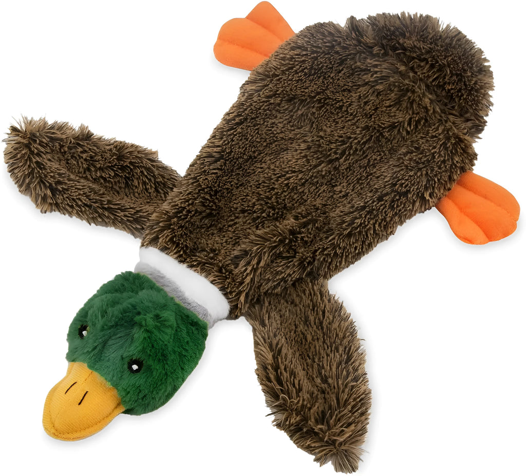 Green wild duck shaped stuffless dog toy with soft plush fabric and squeakers for pets
