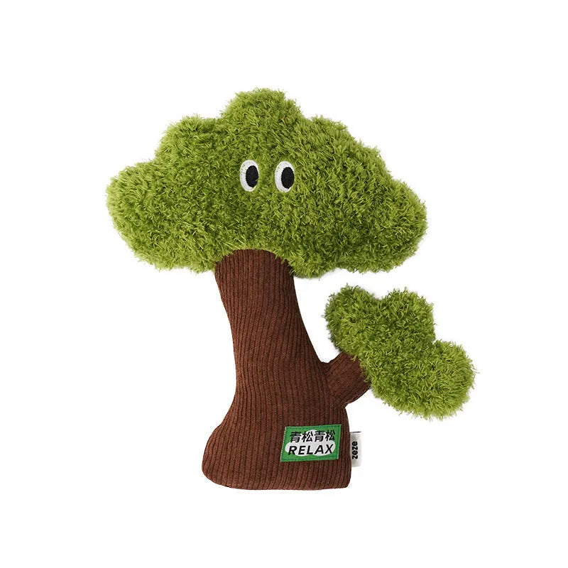 Pine wood base cat toy with fabric catnip pouch hanging from a string.
