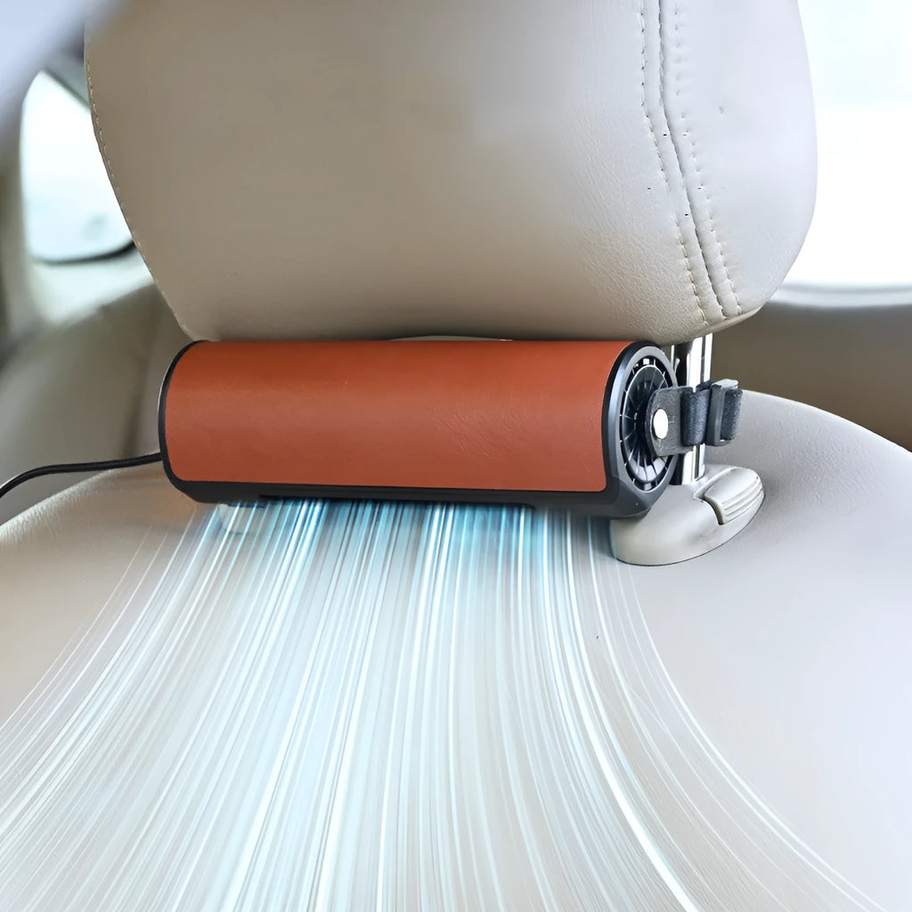 USB car rear seat fan with 1.5 metre cable in black, brown, or red colours