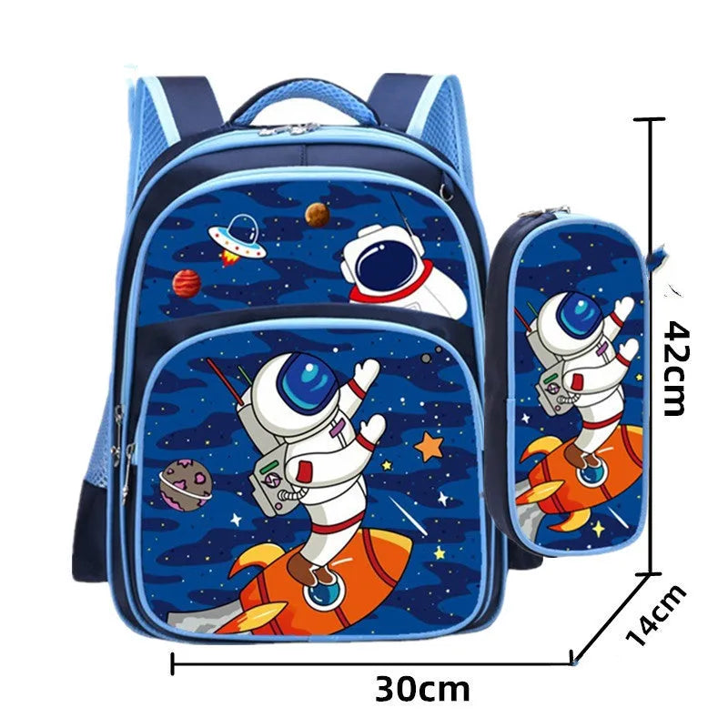 Blue anime cartoon print children's school backpack with load-reducing straps and pencil case