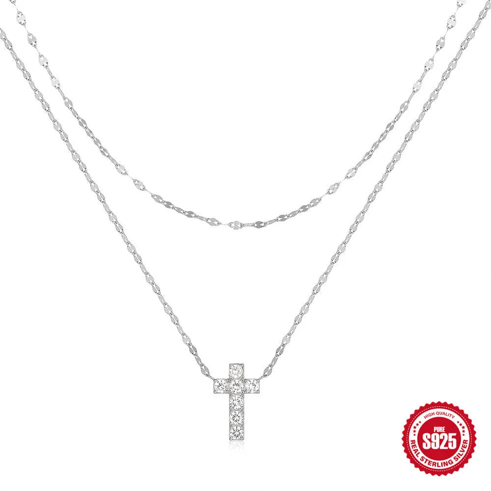 S925 sterling silver double layer twin diamond cross pendant necklace with clavicle chain