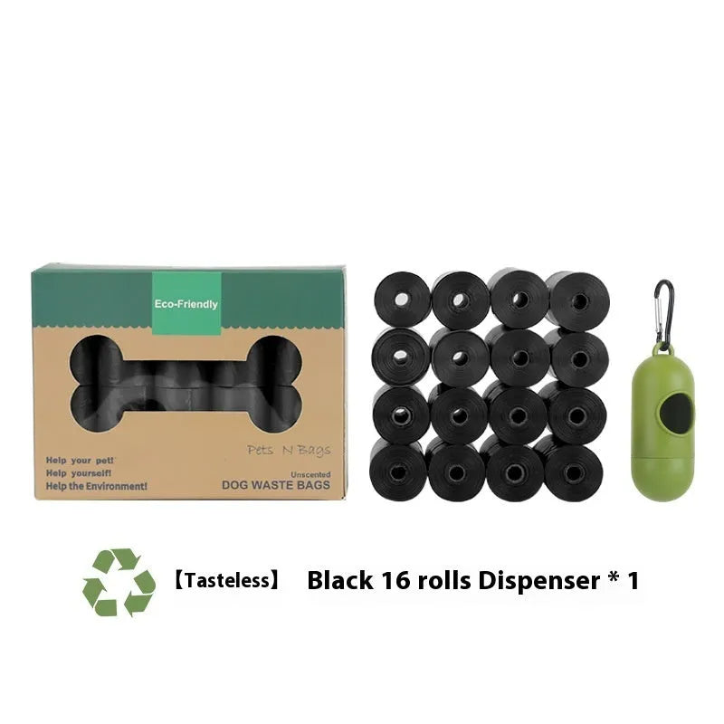 Roll of green EPI degradable dog poop bags next to a white dispenser on a table.