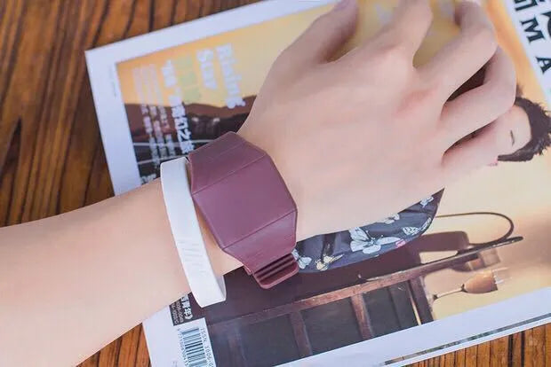 Square electronic watch with touch screen display showing time and date on PU strap