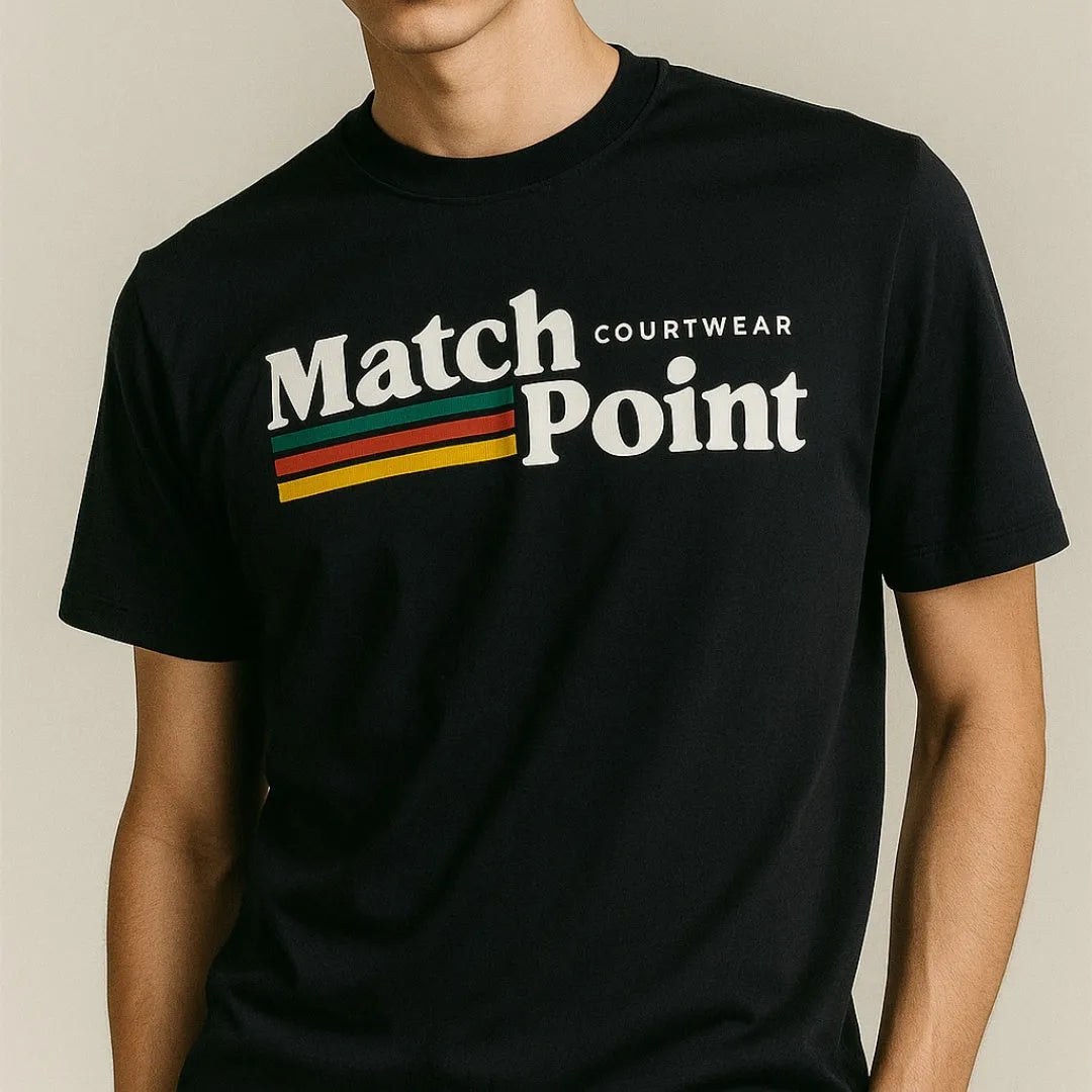 Black men's casual t-shirt with a digital text pattern print on the front, showing short sleeves and a round neck.