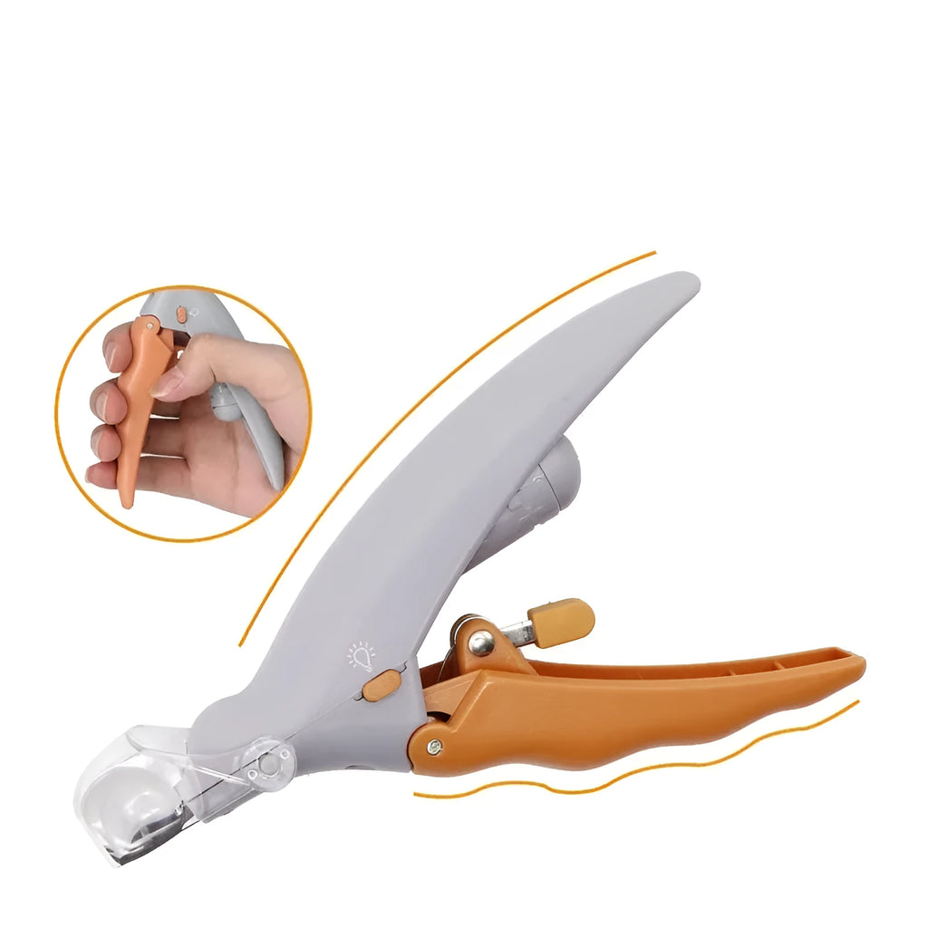 Yellow pet nail clipper with built-in LED light and magnifying lens for trimming dog and cat nails.