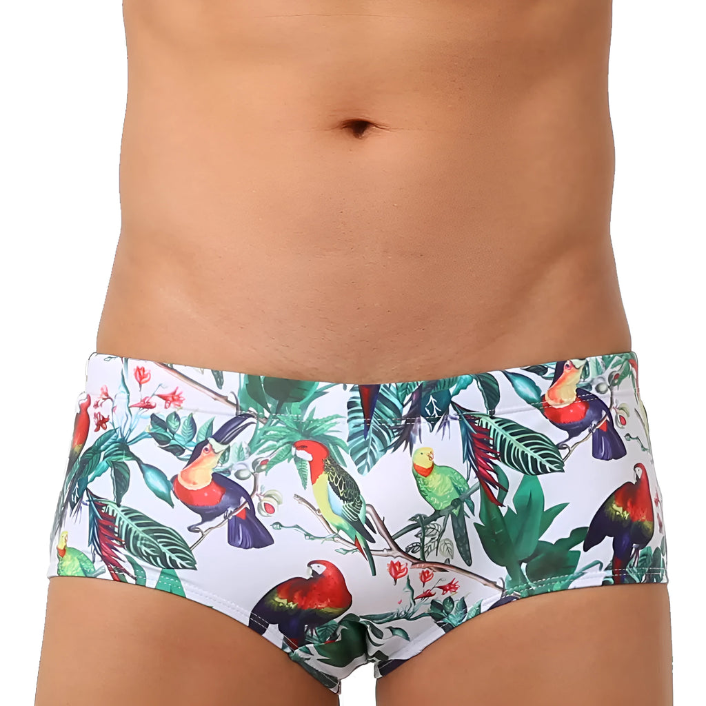 Men's flower and bird print swimming trunks in small boxer brief style with nylon fabric