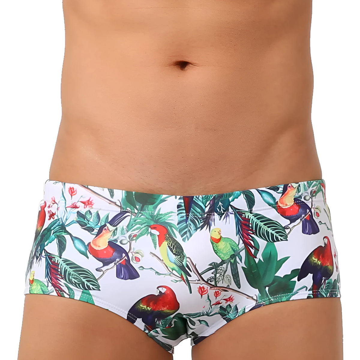 Men's flower and bird print swimming trunks in small boxer brief style with nylon fabric
