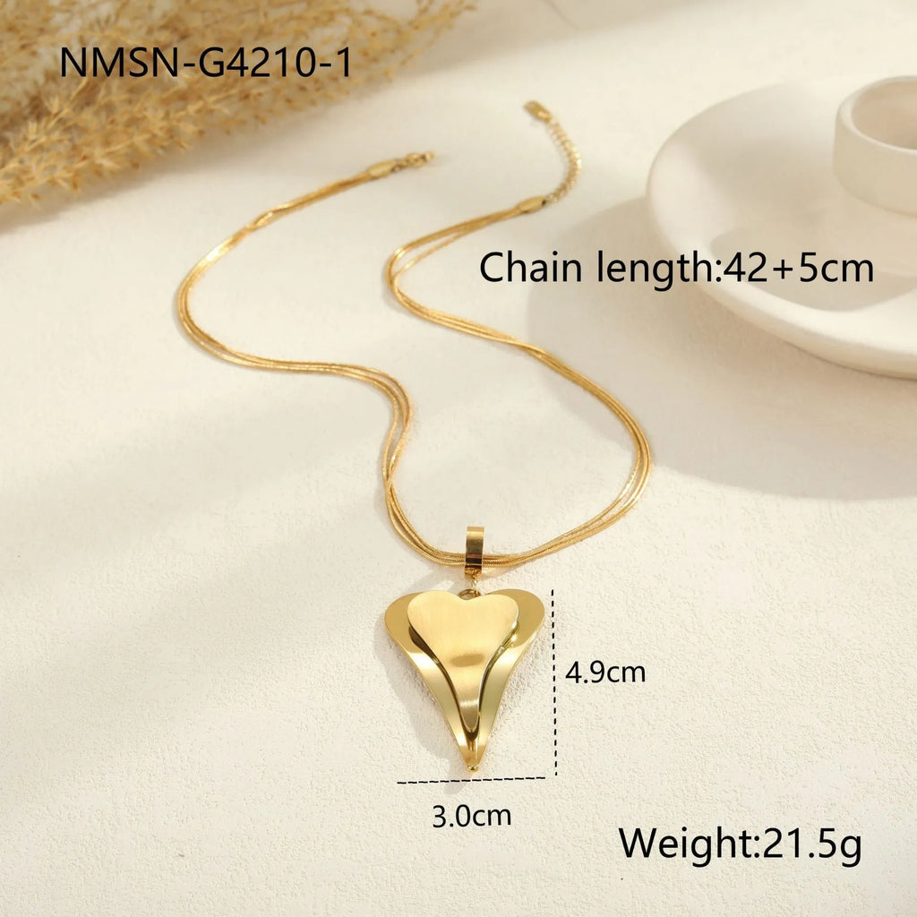 Stainless steel women's necklace with geometric double heart pendant and snake bones chain in gold or steel finish