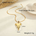 Stainless steel women's necklace with geometric double heart pendant and snake bones chain in gold or steel finish