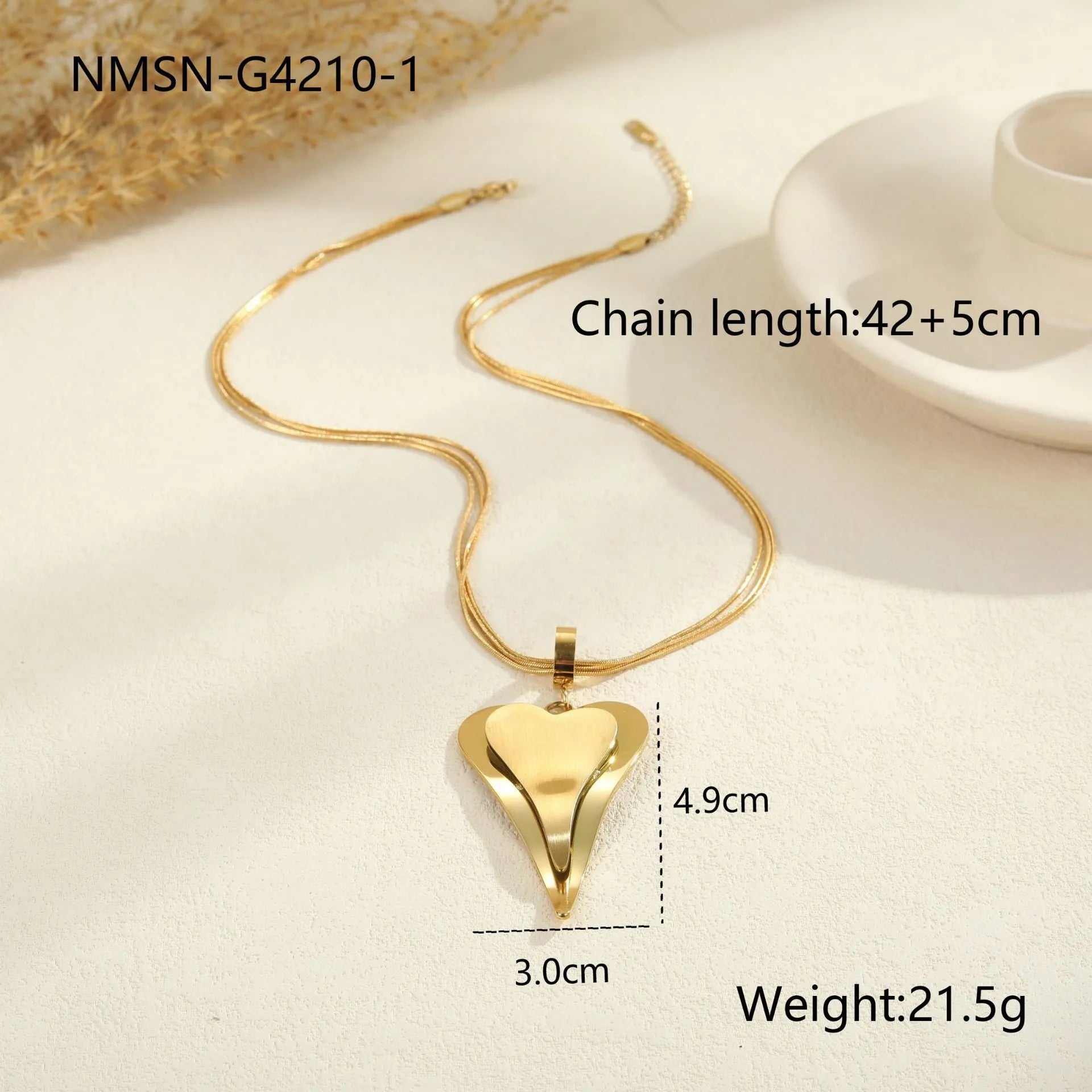 Stainless steel women's necklace with geometric double heart pendant and snake bones chain in gold or steel finish