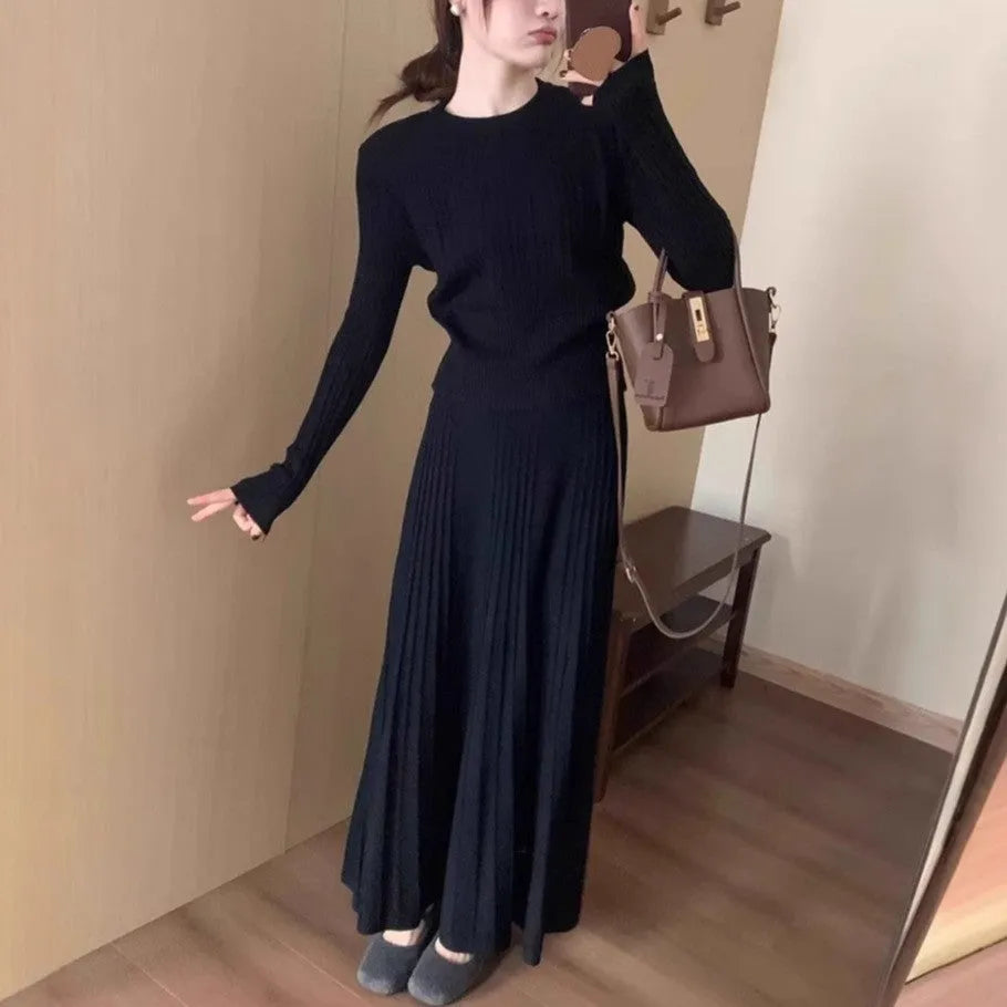 Long knitted dress suit set with 3D pattern artistic retro ethnic style dark grey black