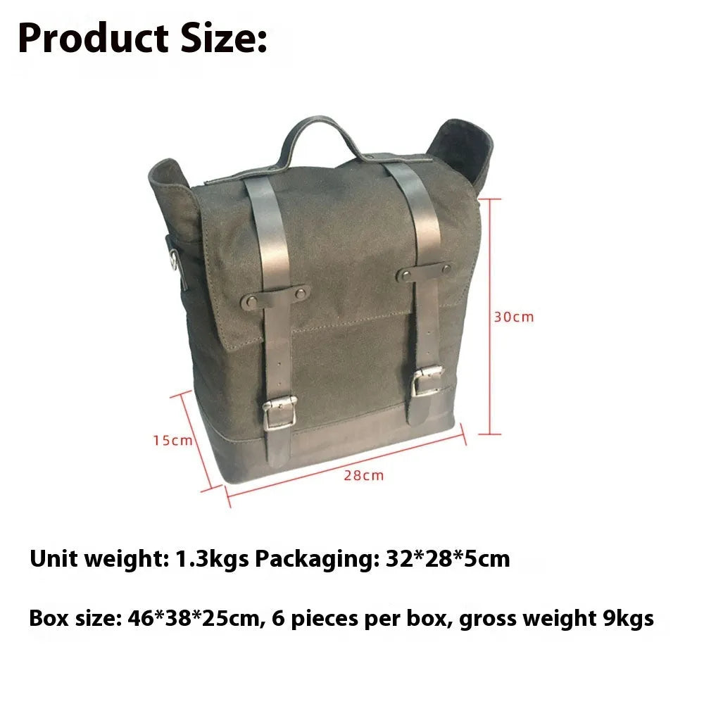 Waterproof canvas motorcycle side pannier bag with cowhide reinforcement in black colour