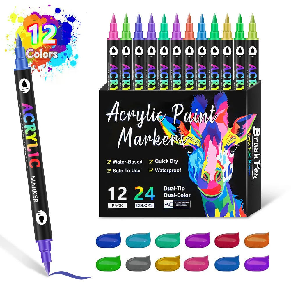 Set of double-headed acrylic paint marker pens in a case, showing two tips per pen.