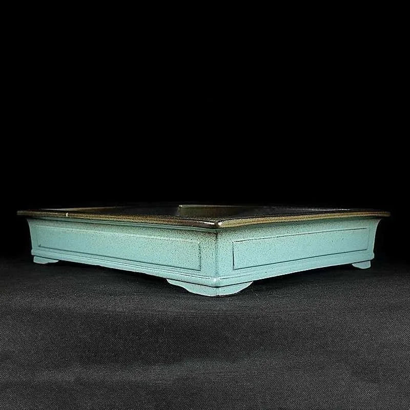 Handmade green ceramic bonsai pot with purple sand crackled glaze finish