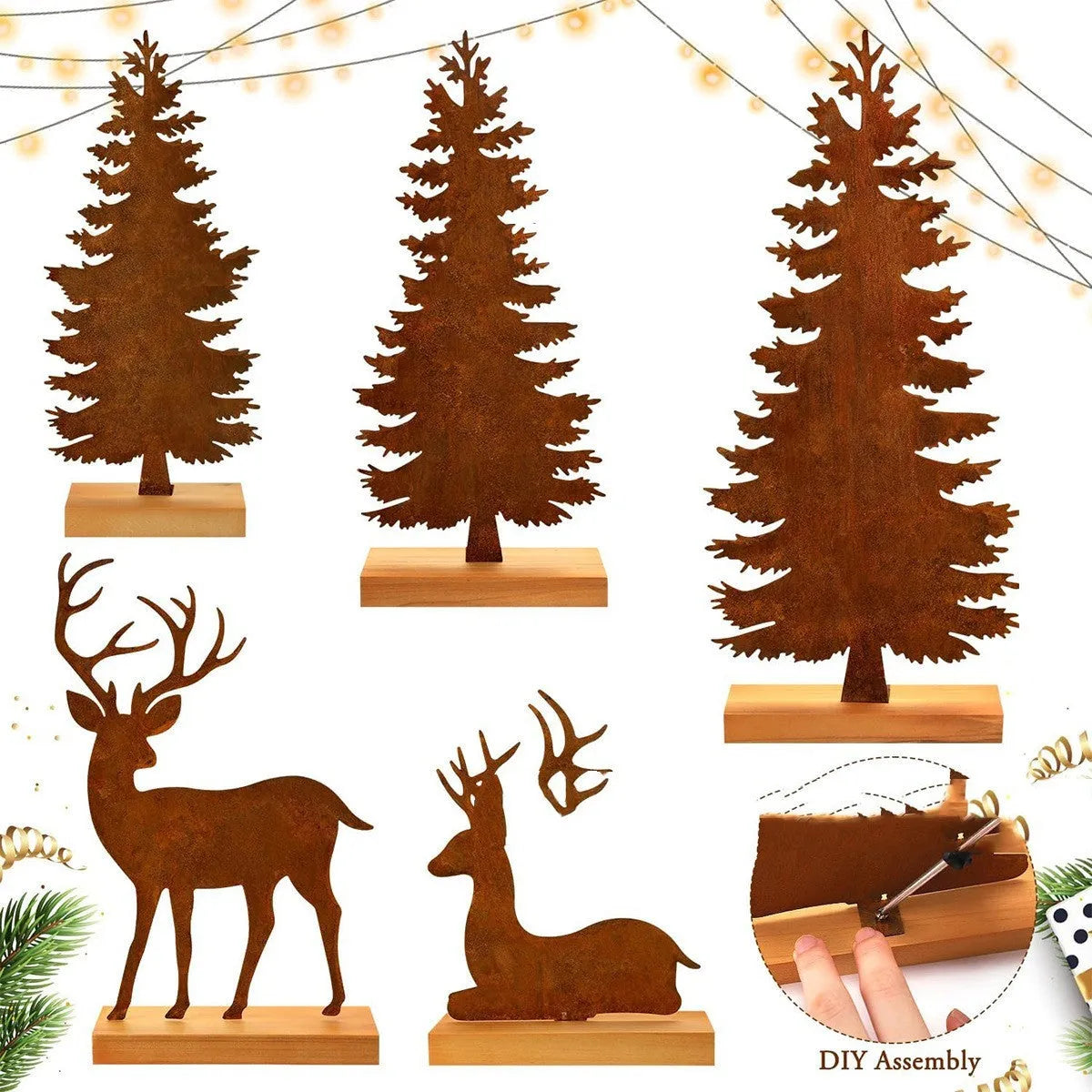 Three rustic metal Christmas tree ornaments shaped like elk with an oxidised iron finish.