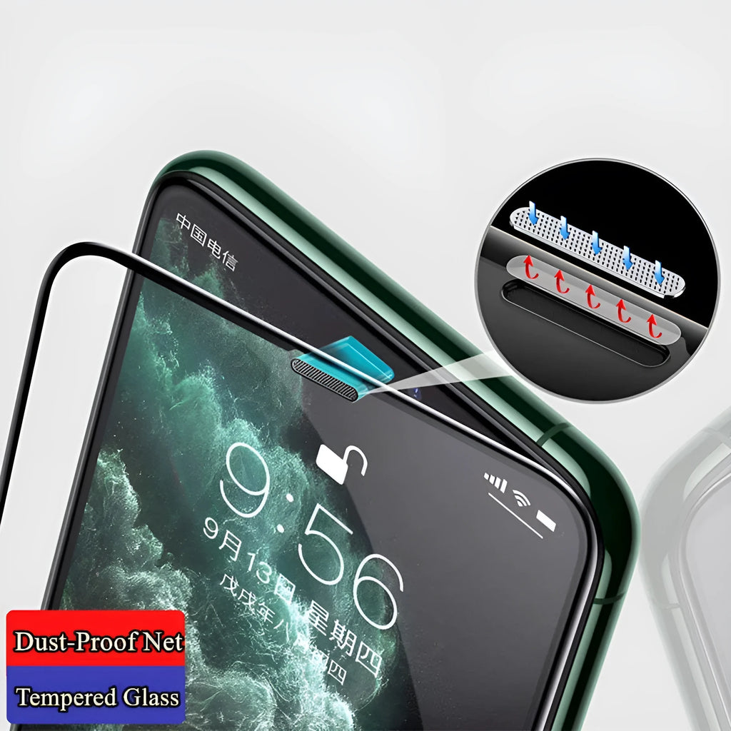 iPhone tempered glass privacy screen protector showing anti-peep, blue light, and dustproof variants