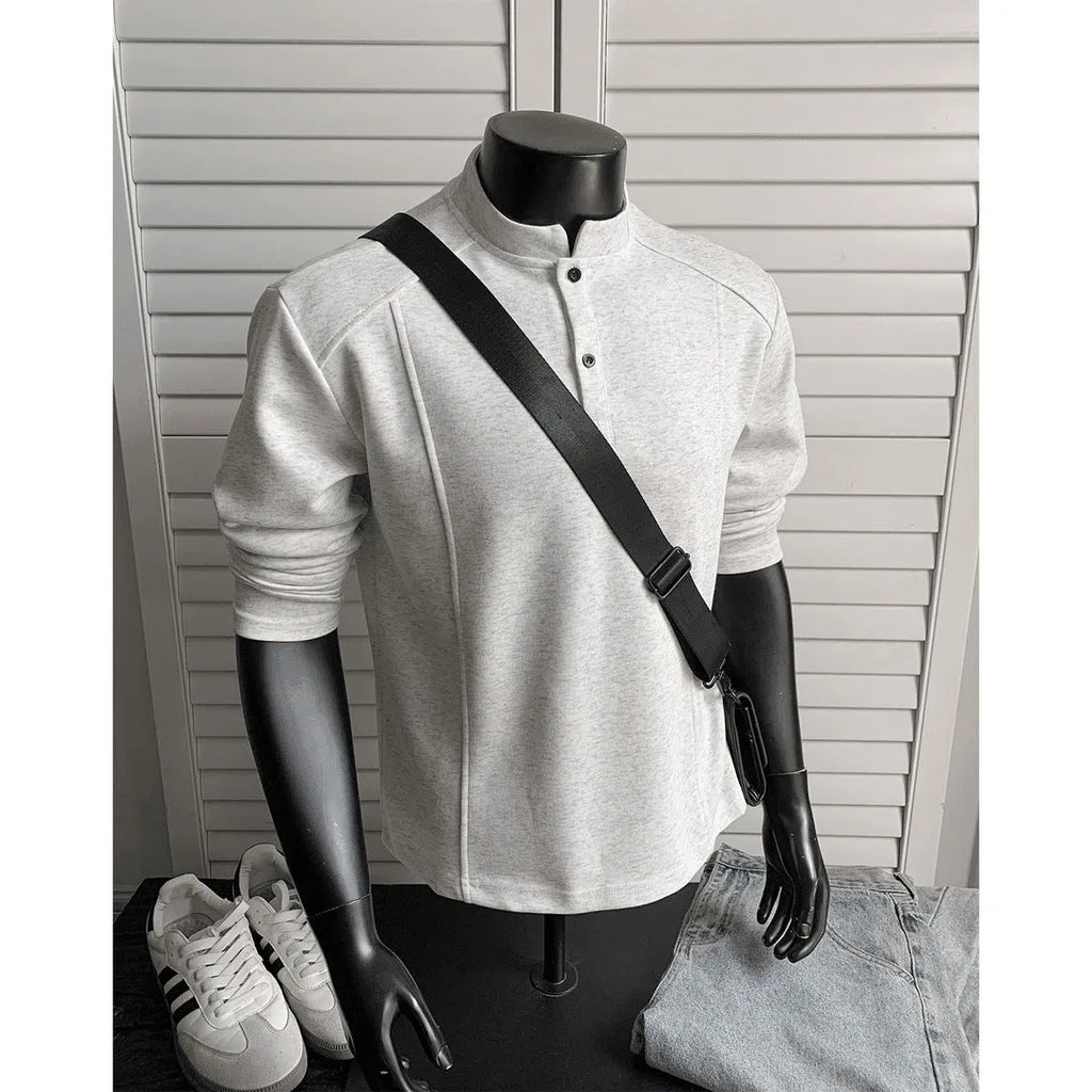 Men's patchwork stand-up collar polo shirt in loose fit Chinese cotton for daily wear
