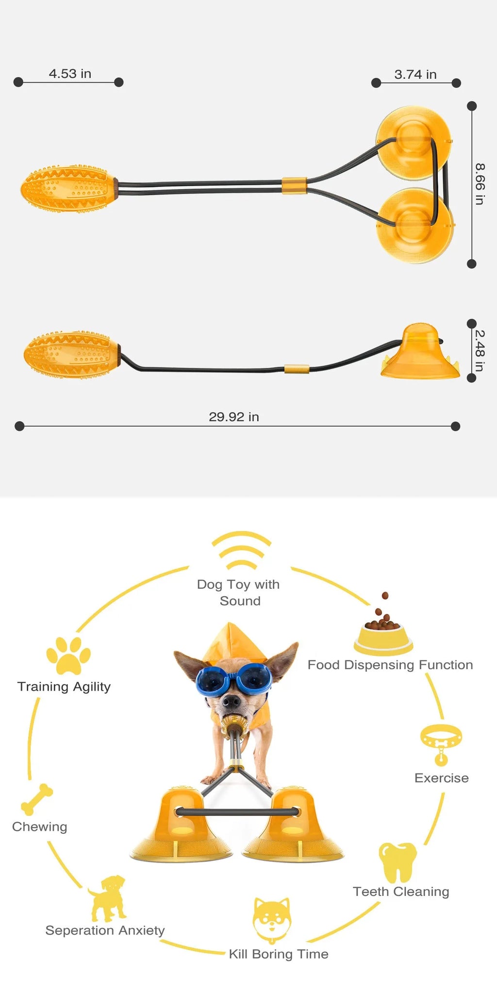 Multifunction dog molar bite toy with double suction cups and tug rope in food-grade TPR rubber