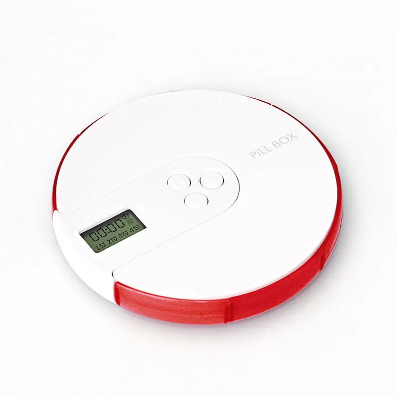 Blue 7-compartment alarm clock pill dispenser showing time display and medication slots