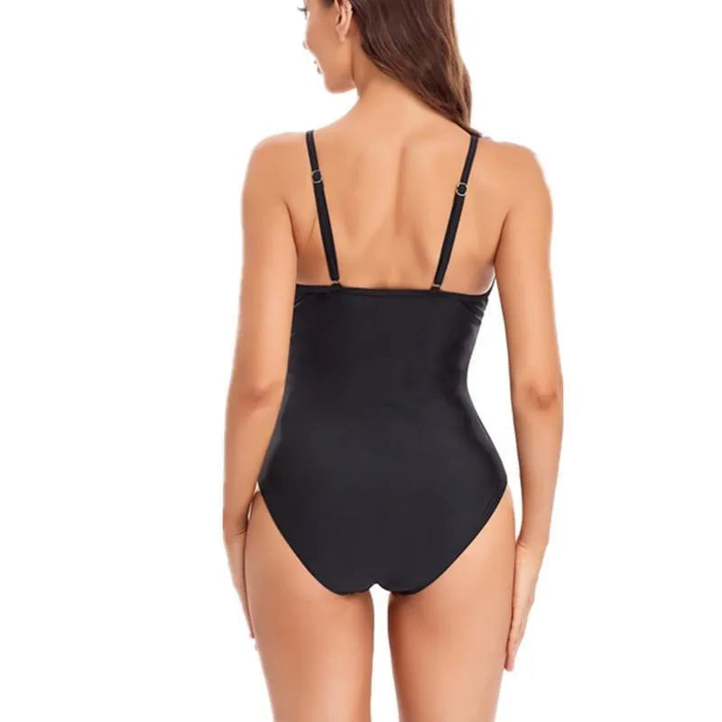 Ladies black or blue mesh solid color one-piece swimsuit with backless high elasticity design