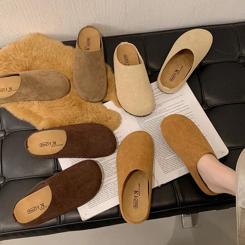 Korean style women's flat slip-on summer slippers in apricot colour with square toe and microfiber upper.