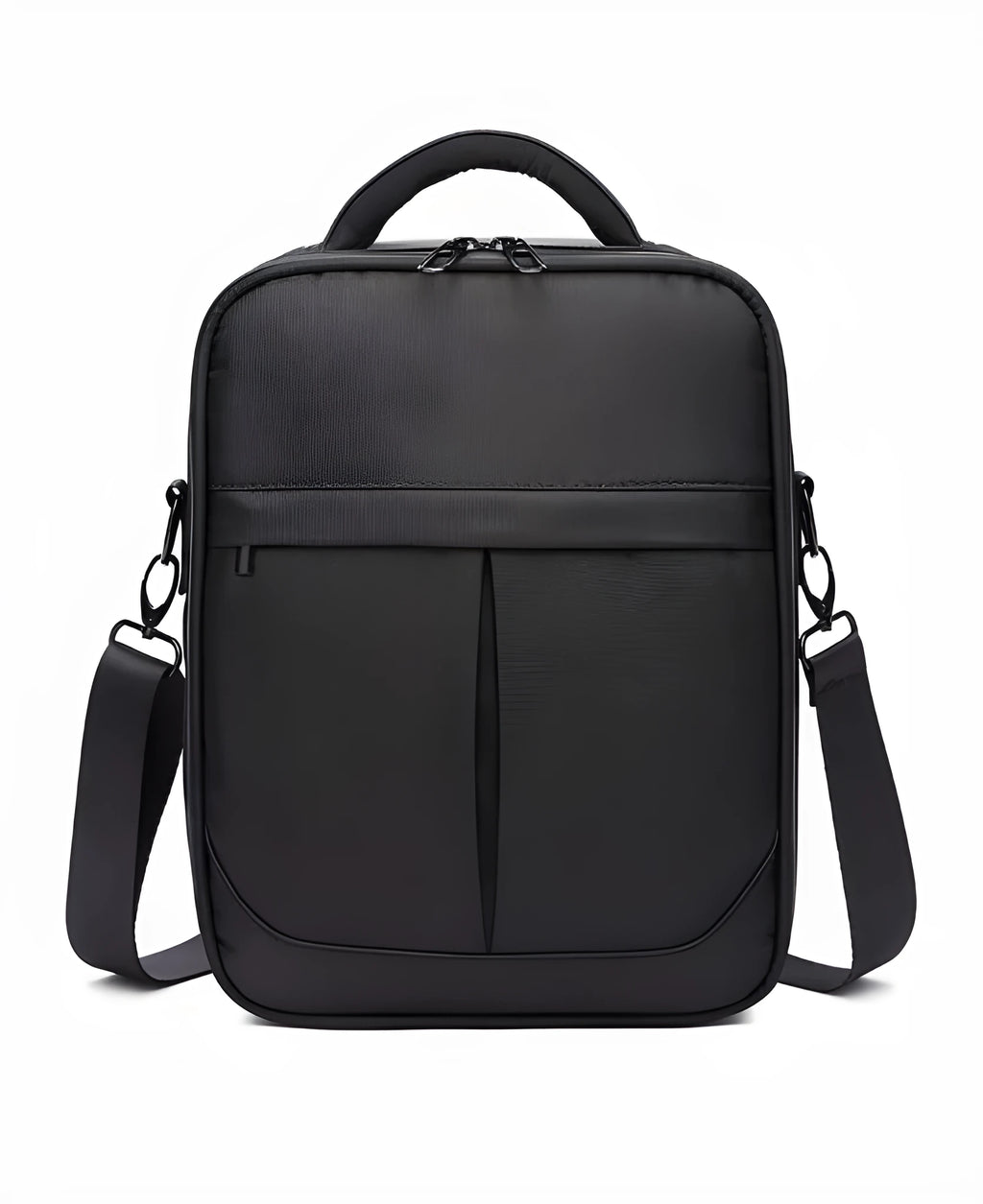 Black Oxford fabric men's messenger bag showing shoulder strap and compact dimensions
