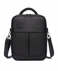 Black Oxford fabric men's messenger bag showing shoulder strap and compact dimensions
