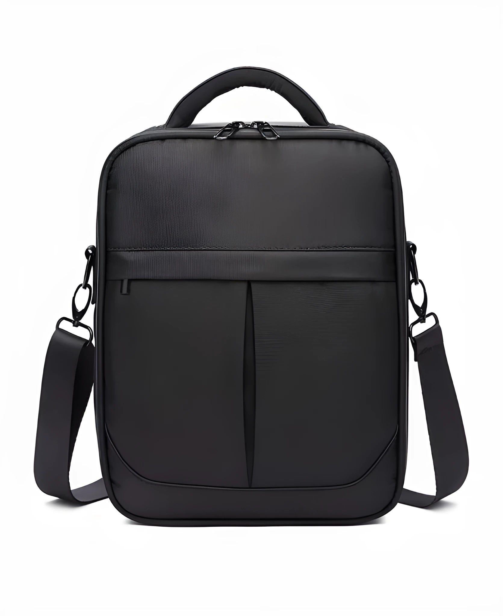 Black Oxford fabric men's messenger bag showing shoulder strap and compact dimensions