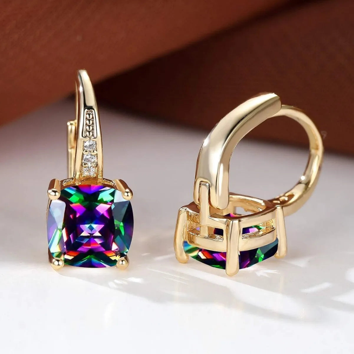Square geometric ear clip earrings with quadrilateral angles and electroplated gold finish
