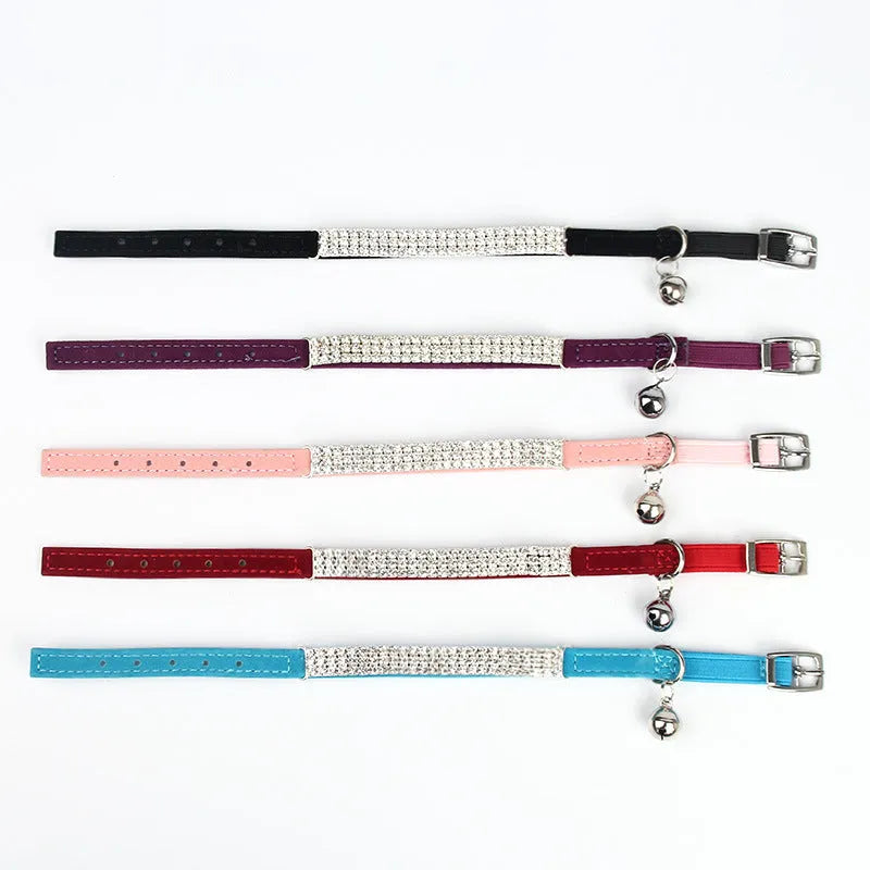 Adjustable velvet cat collar with rhinestones in red, blue, purple, black, or pink