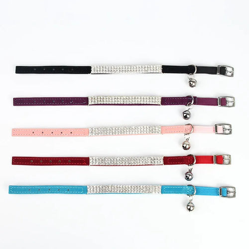 Adjustable velvet cat collar with rhinestones in red, blue, purple, black, or pink