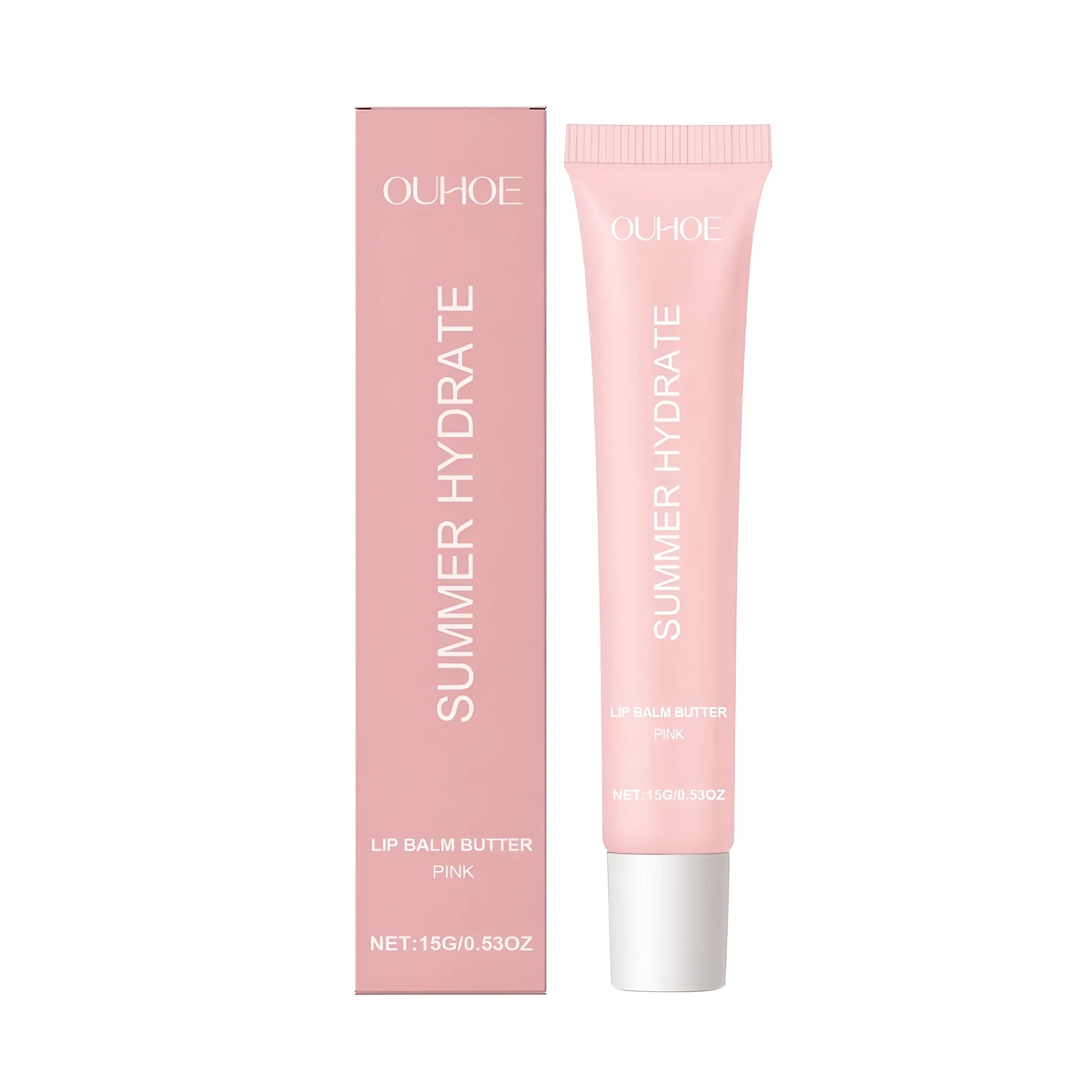 Pink lip balm butter tube with shea butter, grape seed oil and vitamin E formula