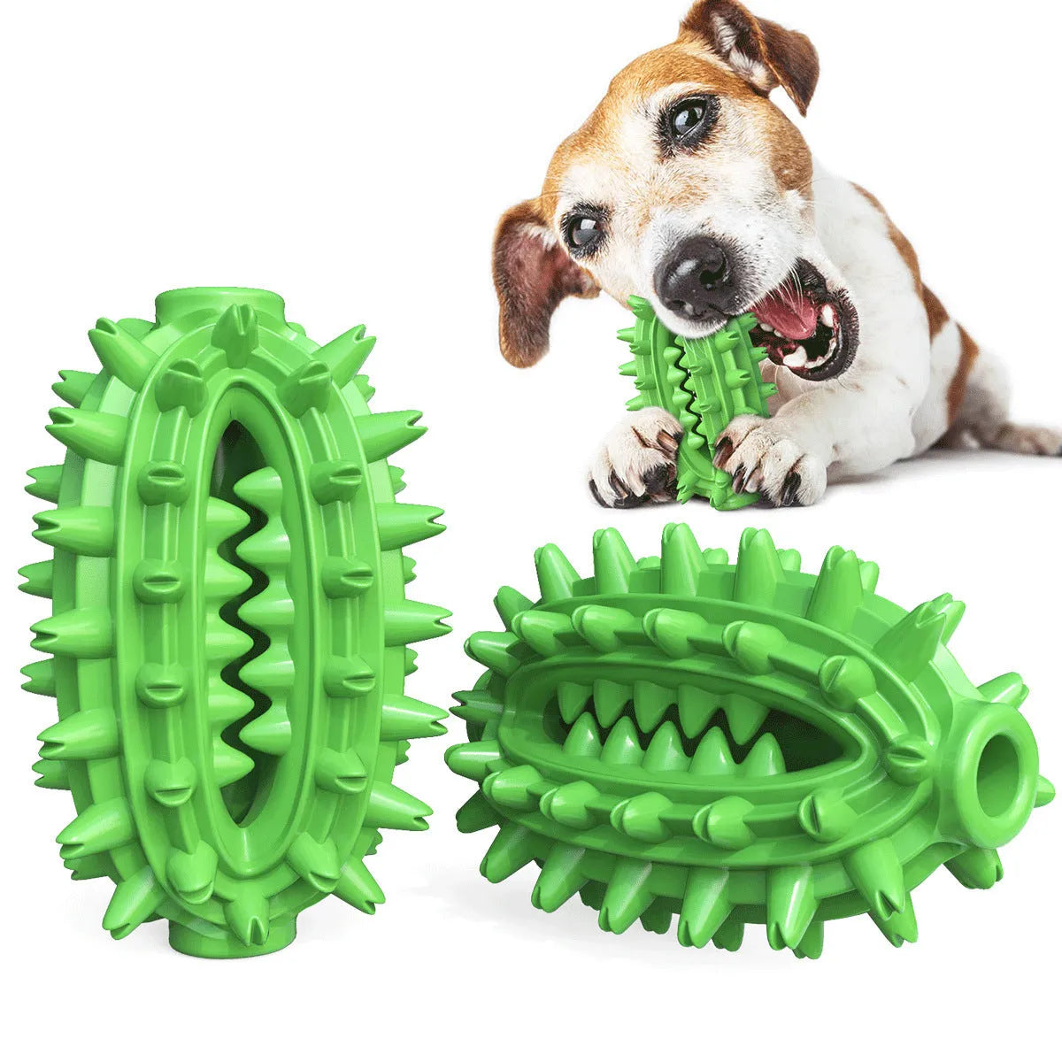 Green cactus-shaped dog chew toy with textured bumps for dental cleaning, showing central treat channel