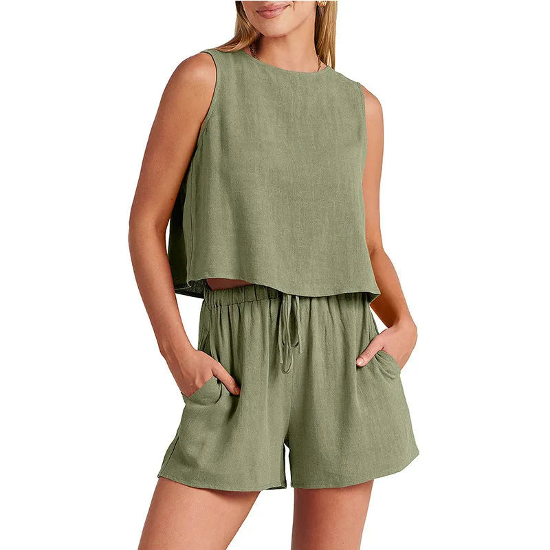 Women's sleeveless top and drawstring shorts summer outfit set in a solid colour.